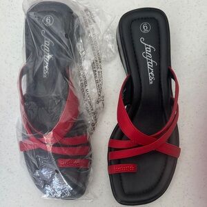 Black and red toe hole sandals for sale